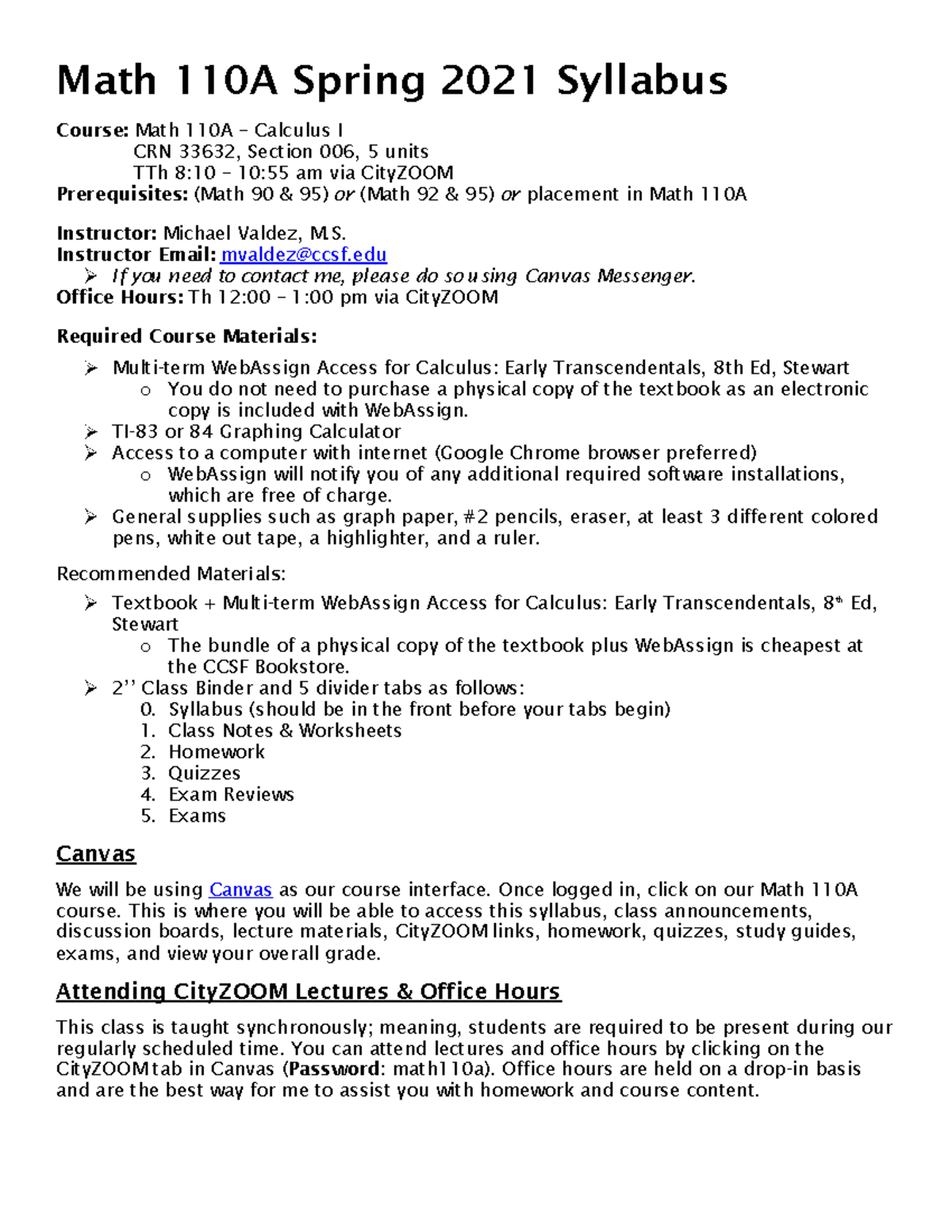 Math 110A-006 SP21 Syllabus - Math 110A Spring 2021 Syllabus Course ...