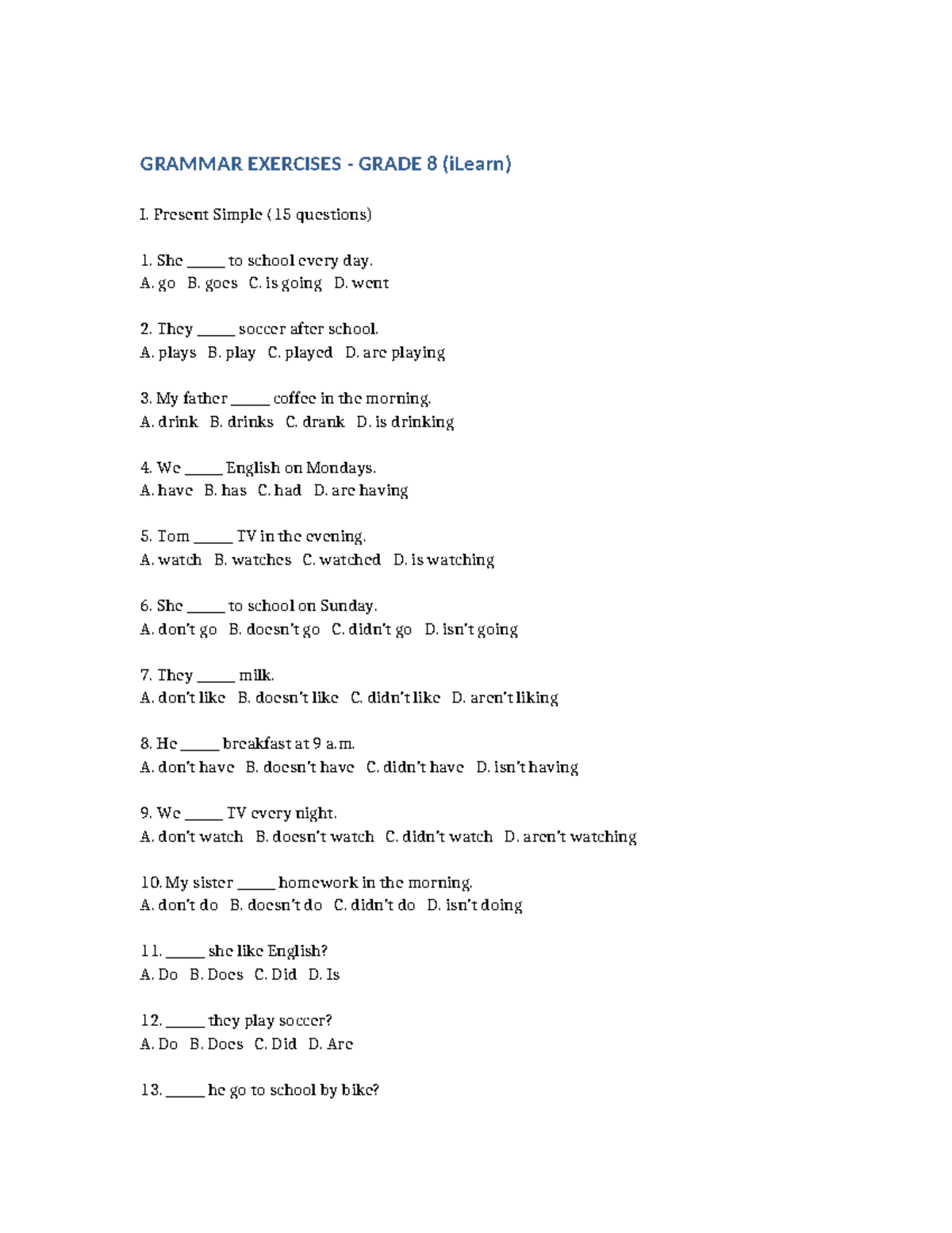 Grade 8 Grammar Exercises: Present Simple, Continuous & Past Continuous ...