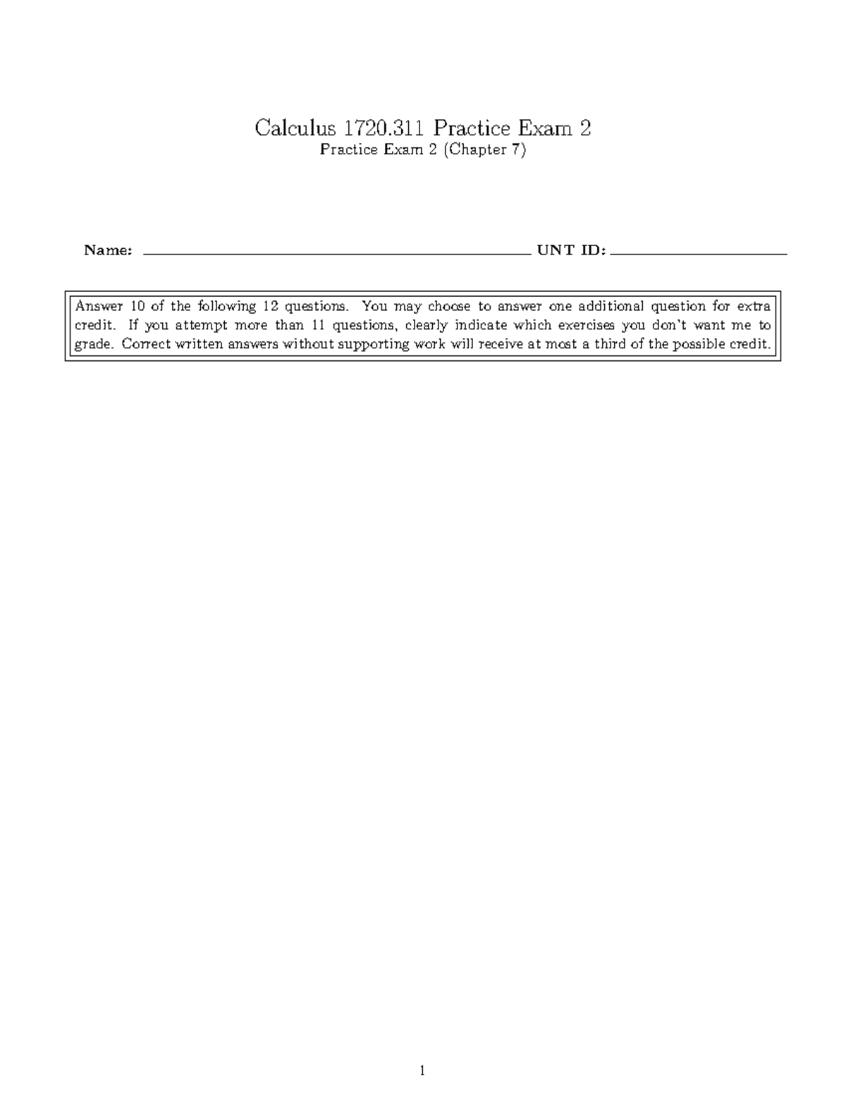 MATH 1720.311 Calculus Practice Exam 2 (Chapter 7) - Studocu