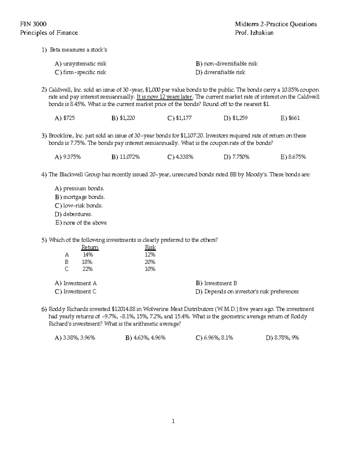 Practice Questions for FIN 3000 - Principles of Finance Midterm 2 - Studocu