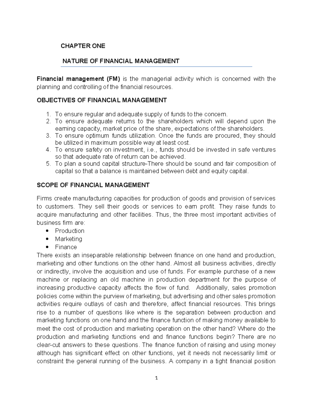 FIN 101 - LECTURE NOTES: NATURE & SCOPE OF FINANCIAL MANAGEMENT - Studocu