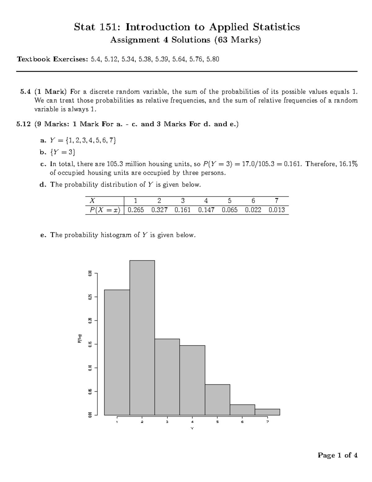 STAT151 Assignment 4 Solutions: Probabilities & Statistics Concepts ...