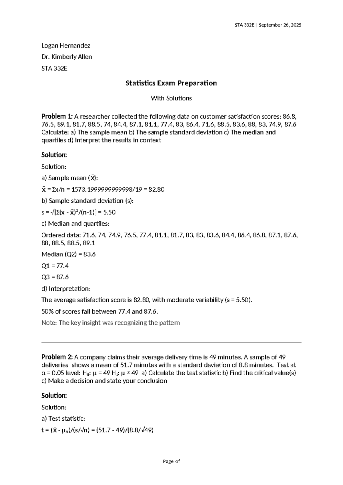 STA 332E Statistics Exam Prep Solutions - September 26, 2025 - Studocu