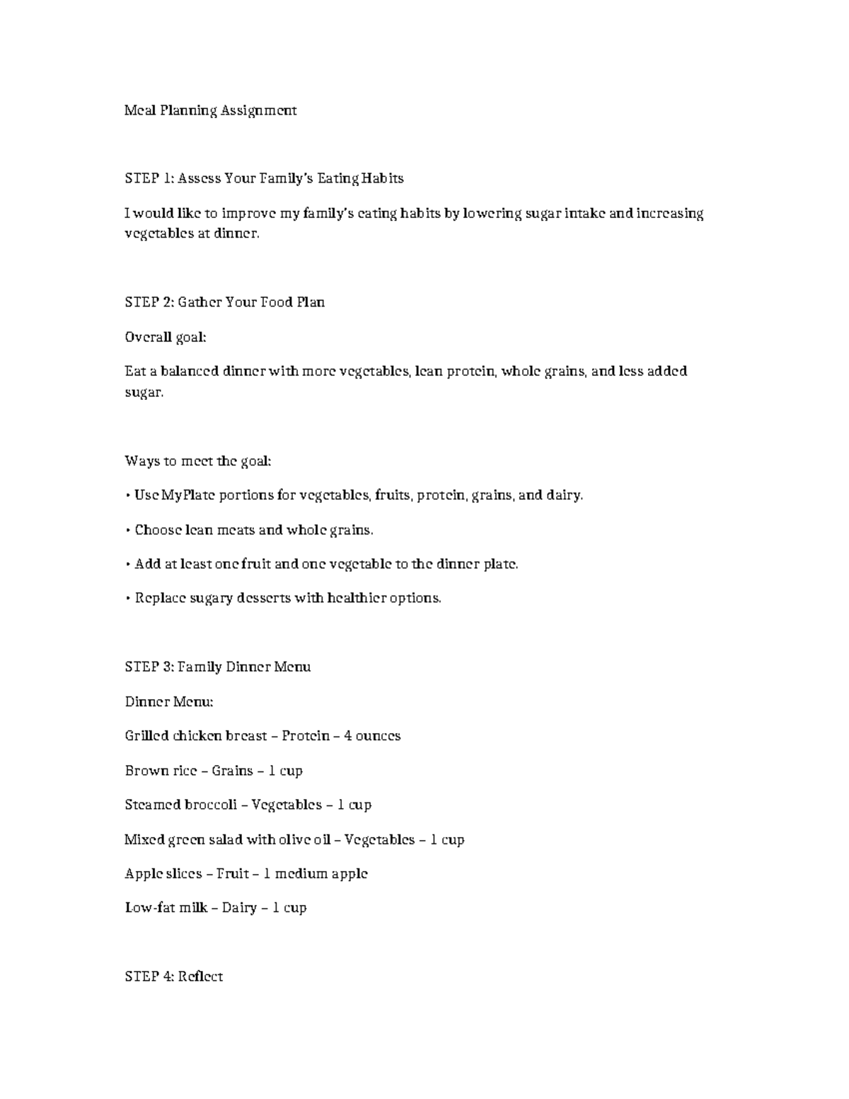 Meal Planning Assignment: Improving Eating Habits - Studocu