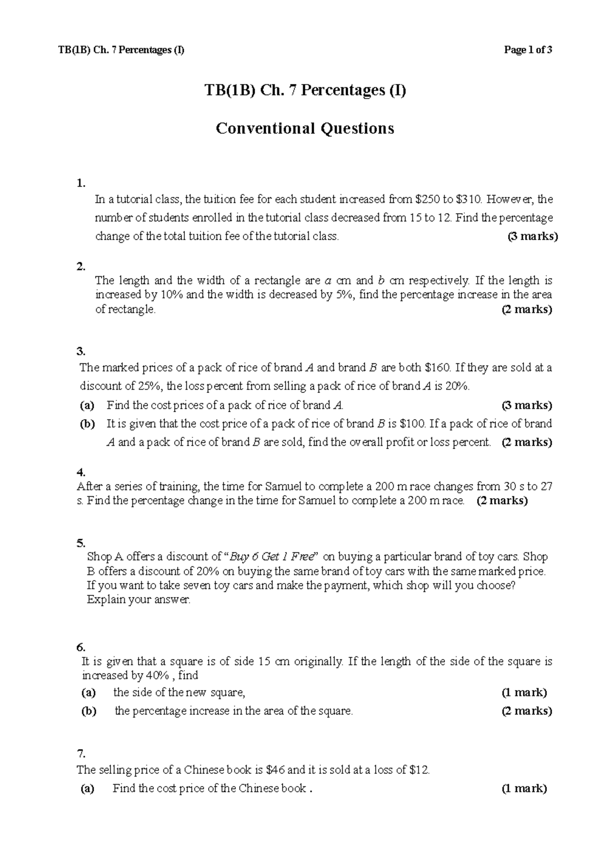 TB(1B) Ch. 7 Percentages (I) GHS Past Paper Conventional Questions ...