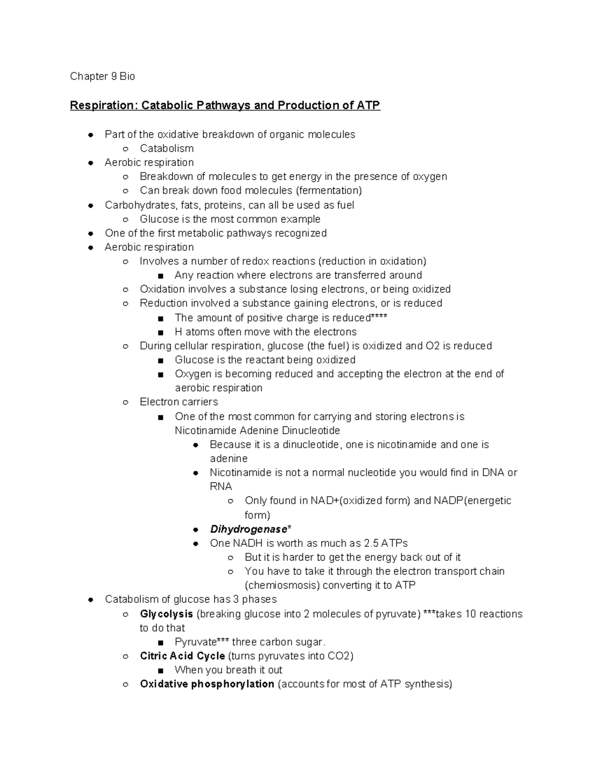 Chapter 9: Bio - Aerobic Respiration & ATP Production Mechanisms - Studocu