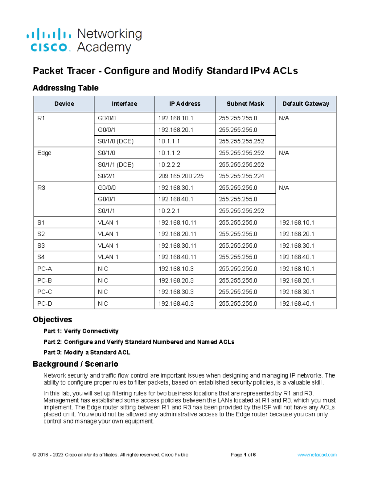 Packet Tracer Lab: Configuring & Modifying Standard IPv4 ACLs (NAAA ...