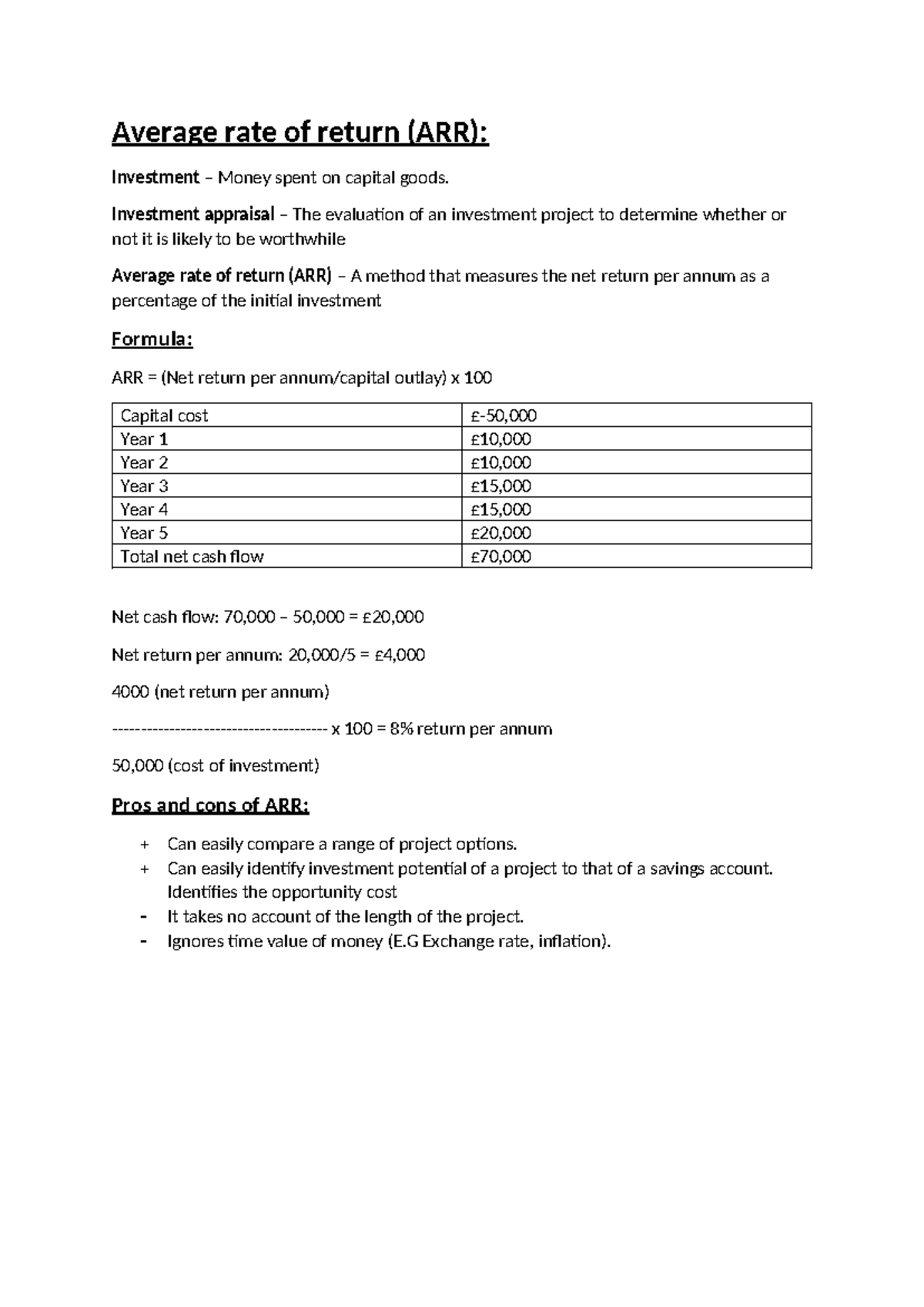 Investment Appraisal: Understanding Average Rate of Return (ARR) - Studocu
