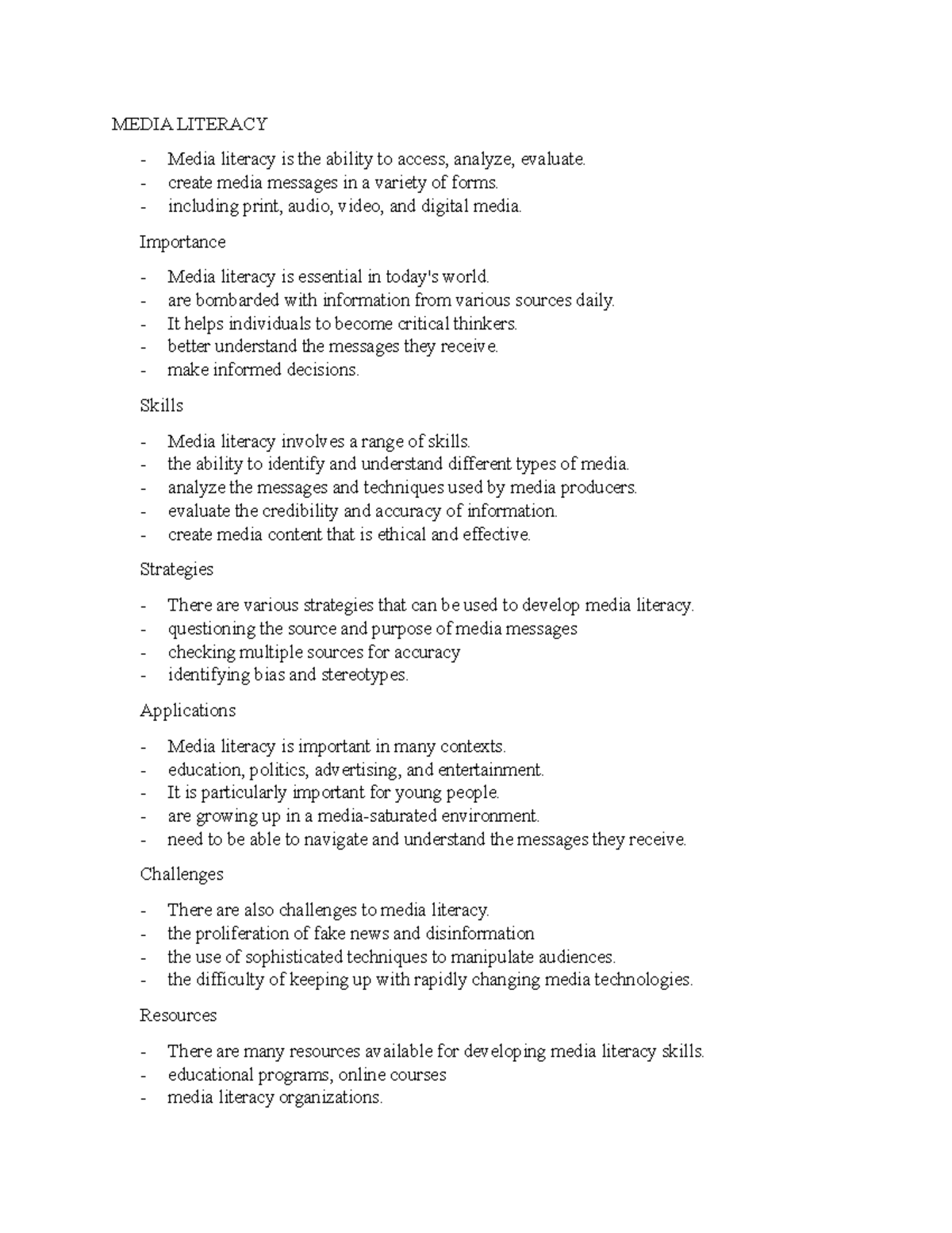 Media Literacy Notes 1: Understanding Skills & Applications - Studocu