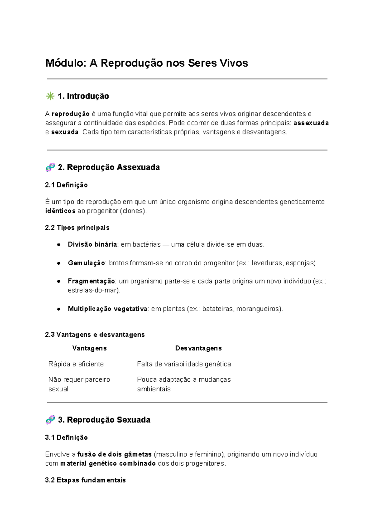 Módulo: A Reprodução nos Seres Vivos - Tipos e Ciclos de Vida - Studocu