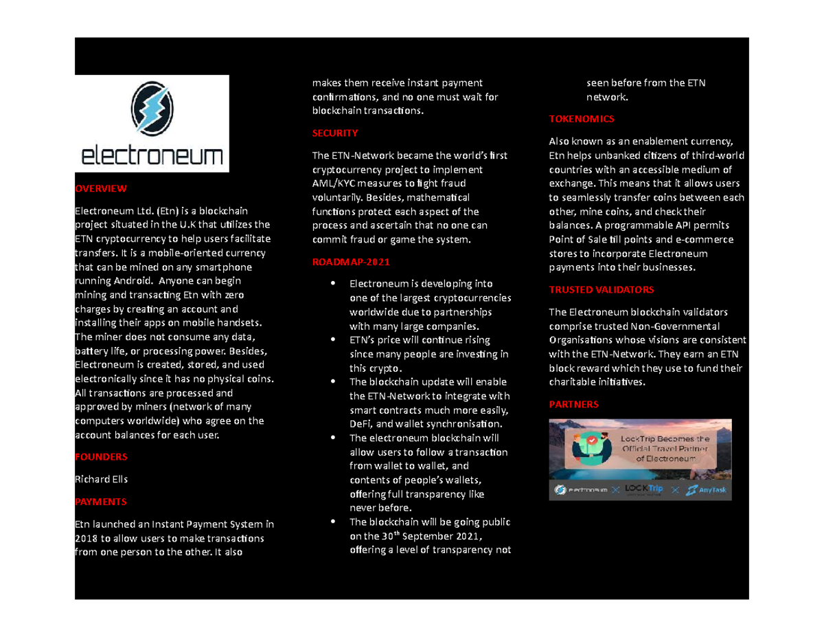 Electroneum (ETN) Overview, Features, and Future Insights - Studocu