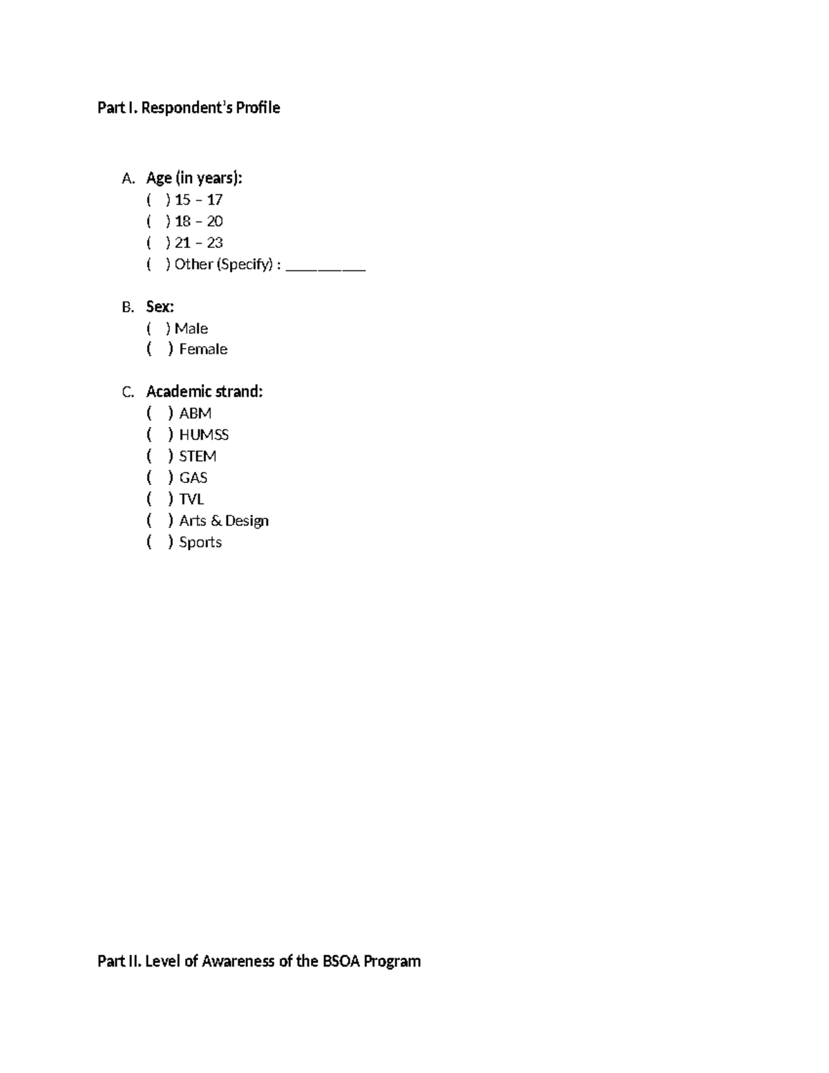 Questionnaire on BSOA Program Awareness and Perception - Studocu