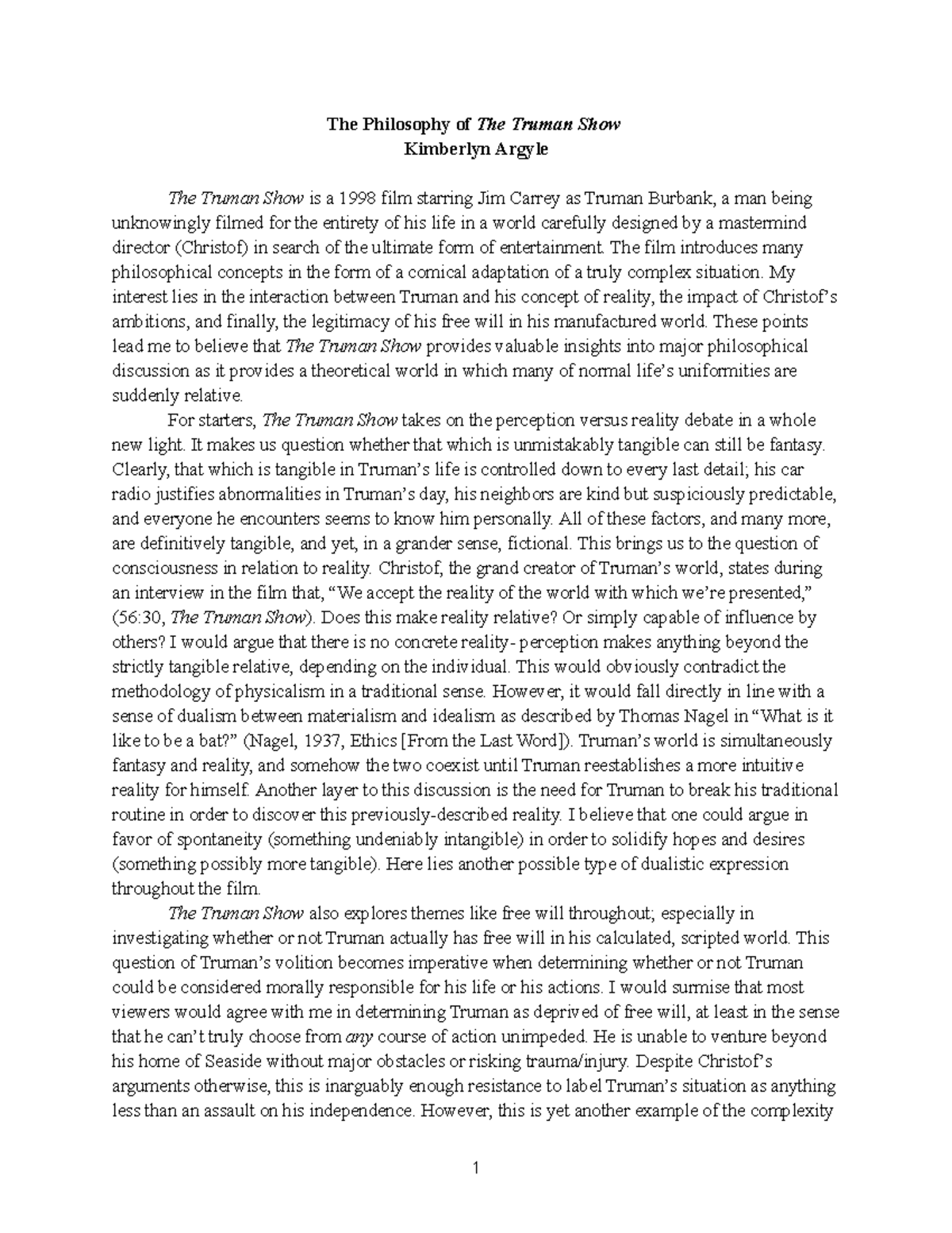 PHIL 101: Exploring Reality and Free Will in The Truman Show - Studocu