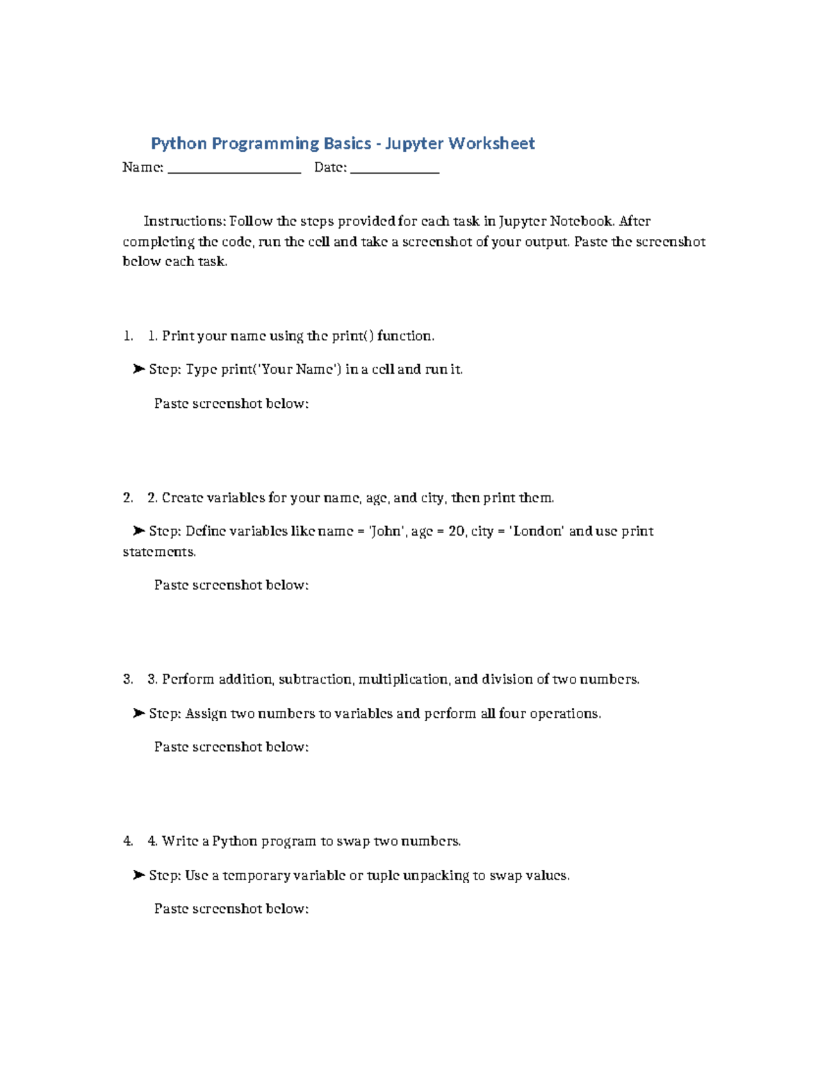 Python 101: Jupyter Worksheet for Programming Basics Tasks - Studocu