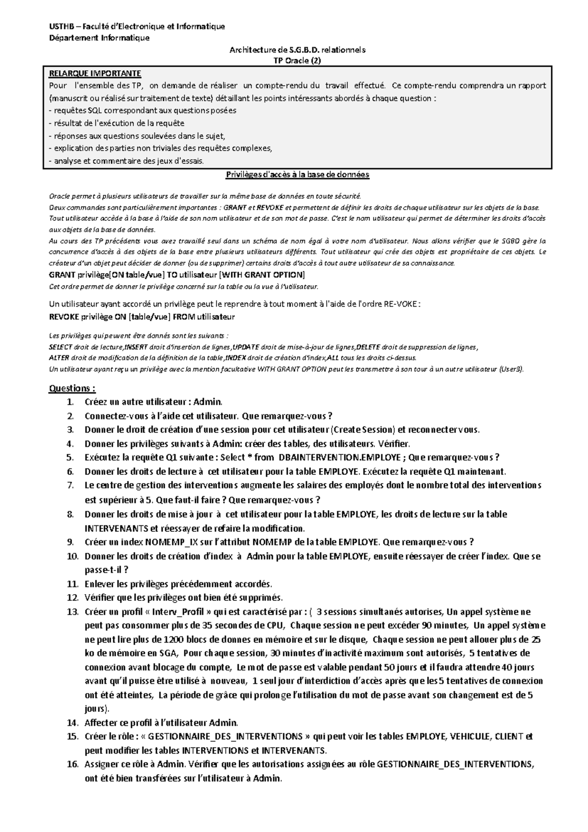 TP2 Gestion des Droits Oracle 2019-2020: Rapport et Requêtes SQL - Studocu