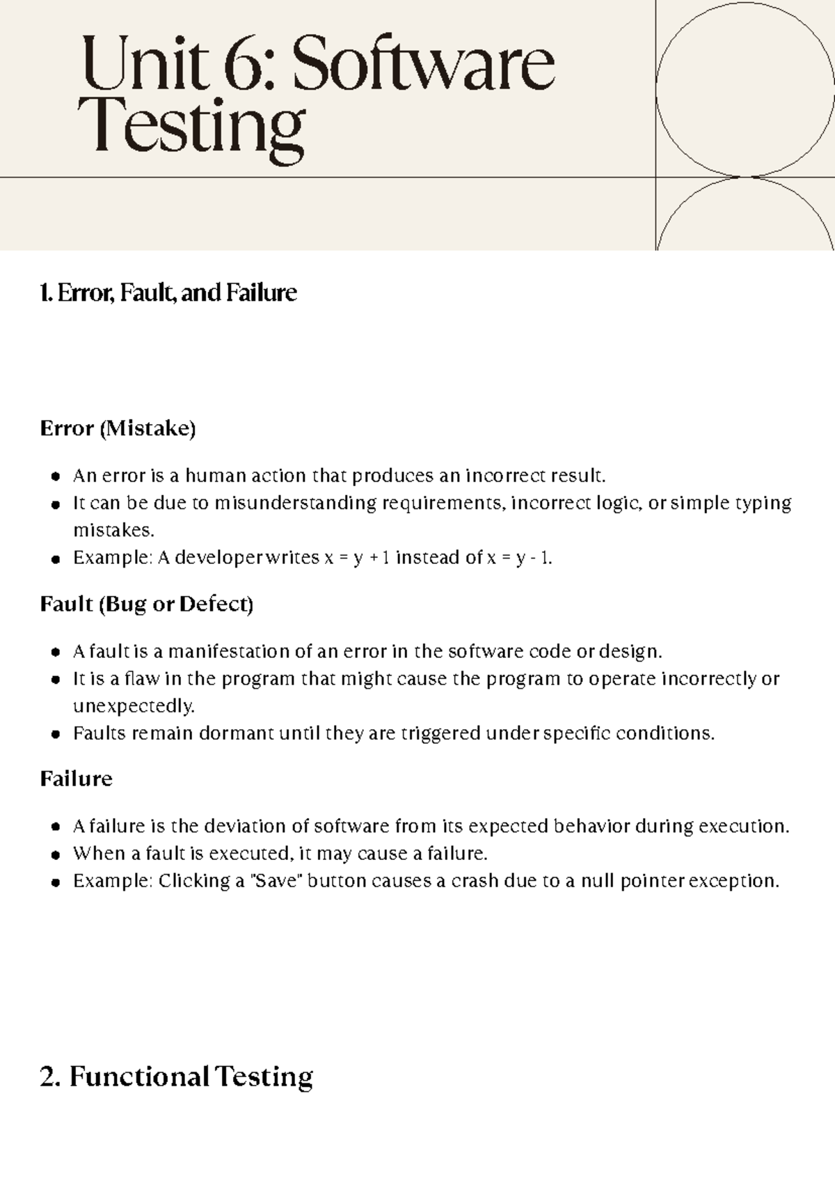 Unit 6: Software Testing - Errors, Faults, and Functional Testing - Studocu
