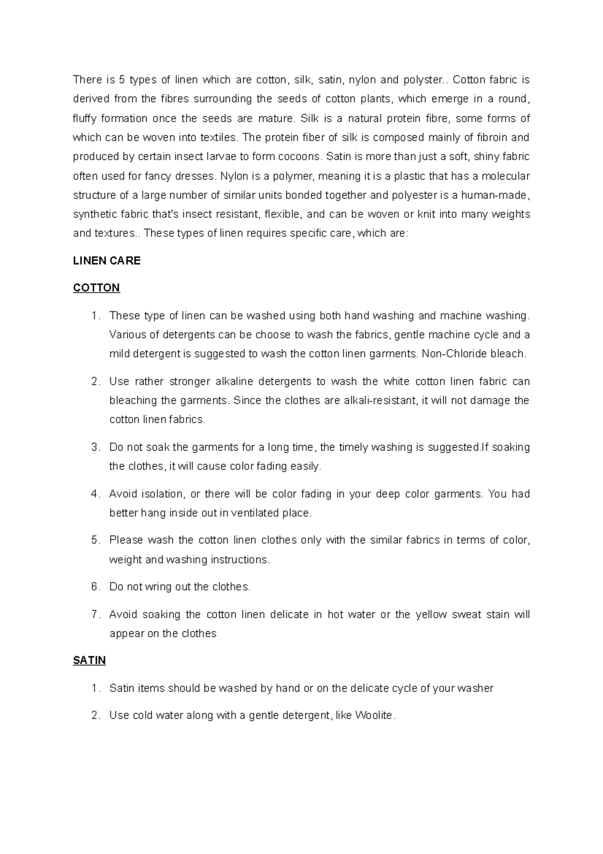 Linen Care Guide: Types & Washing Instructions for Cotton, Satin, Silk,  Nylon, and Polyester - Studocu