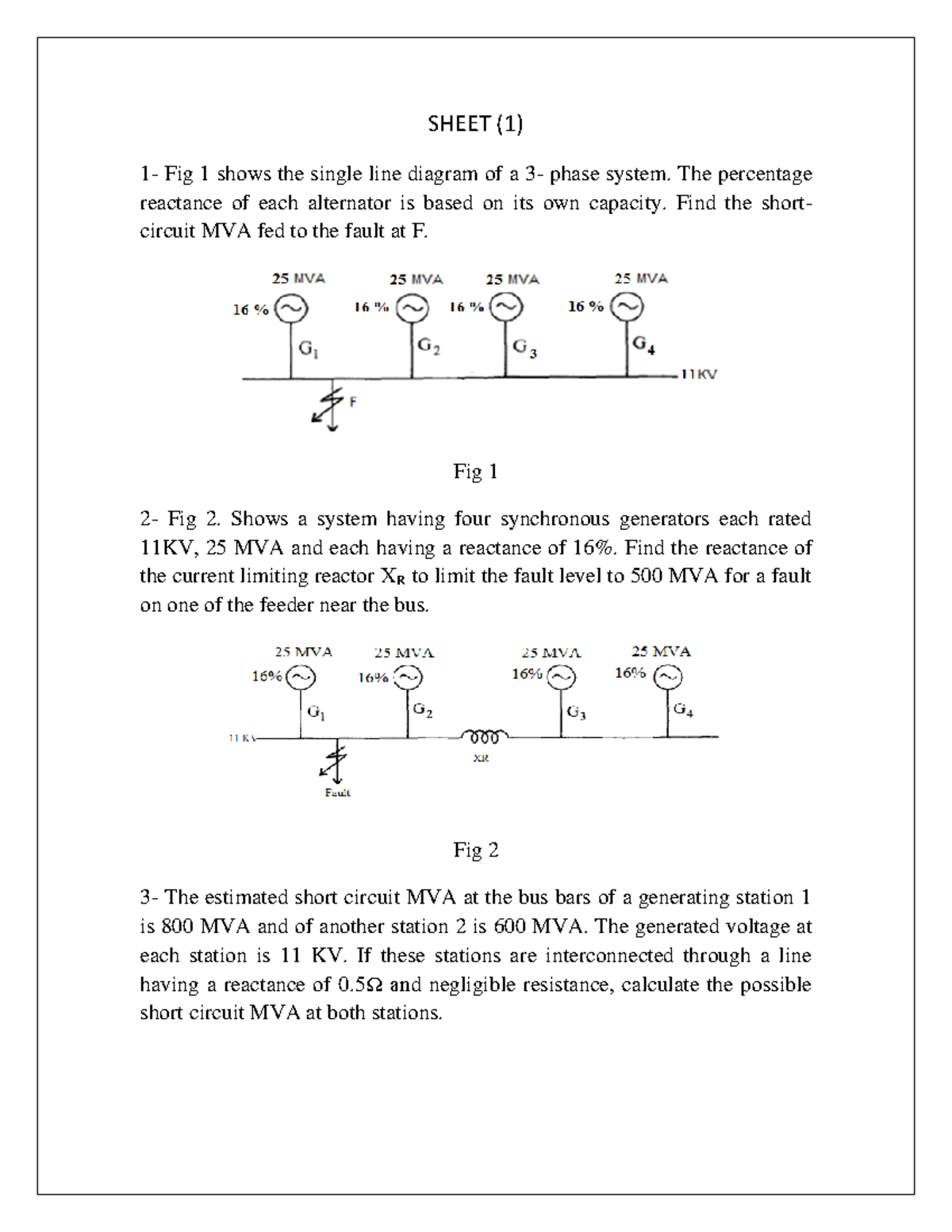 Sheet 1-1 - SHEET (1) 1- Fig 1 shows the single line diagram of a 3 ...