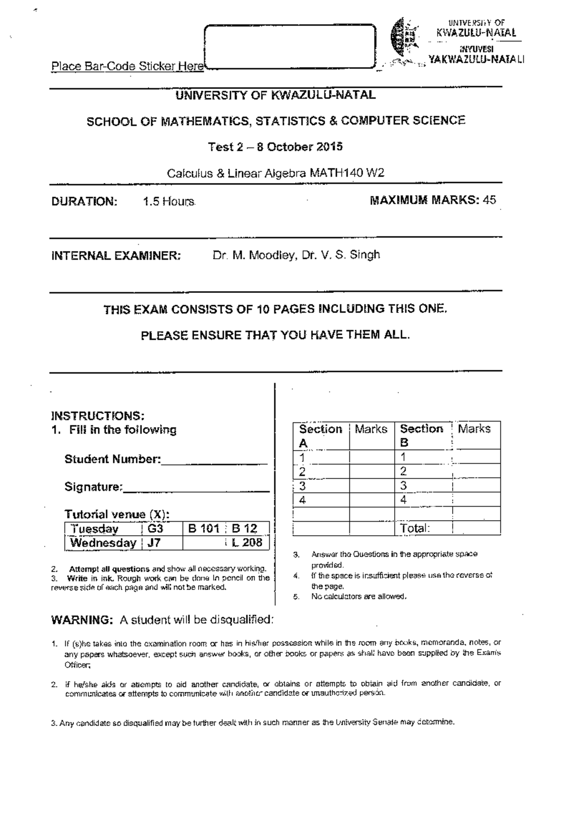 MATH 140 Test 2 - Past Paper (Calculus & Linear Algebra, 2015) - Studocu