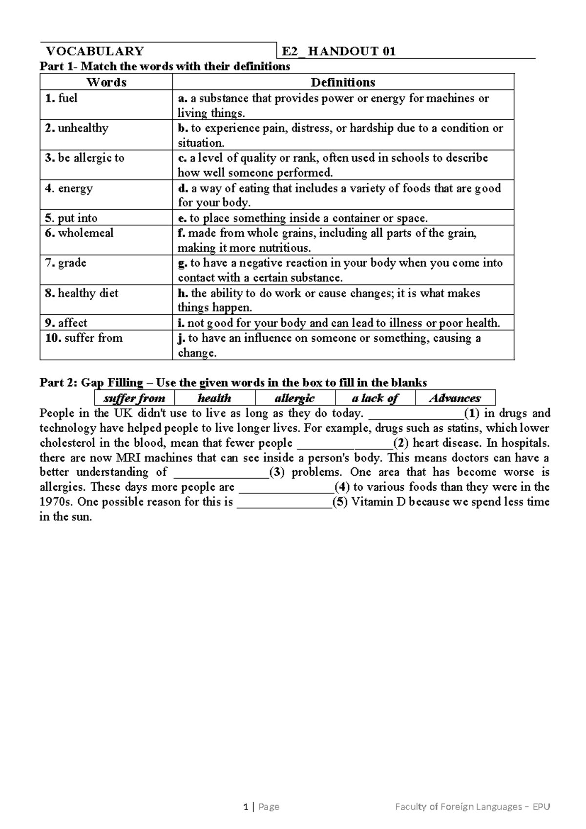 UNIT 7 - English Vocabulary & Grammar Practice E2 - Studocu