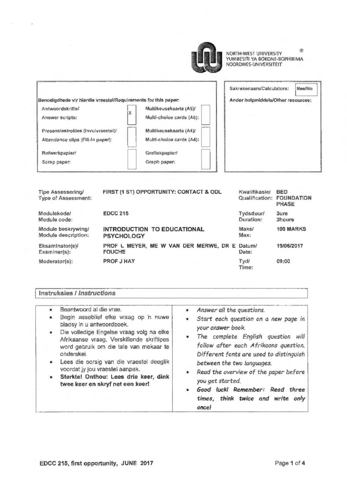 EDCC 215: Introduction to Educational Psychology Exam Paper - June 2017 ...