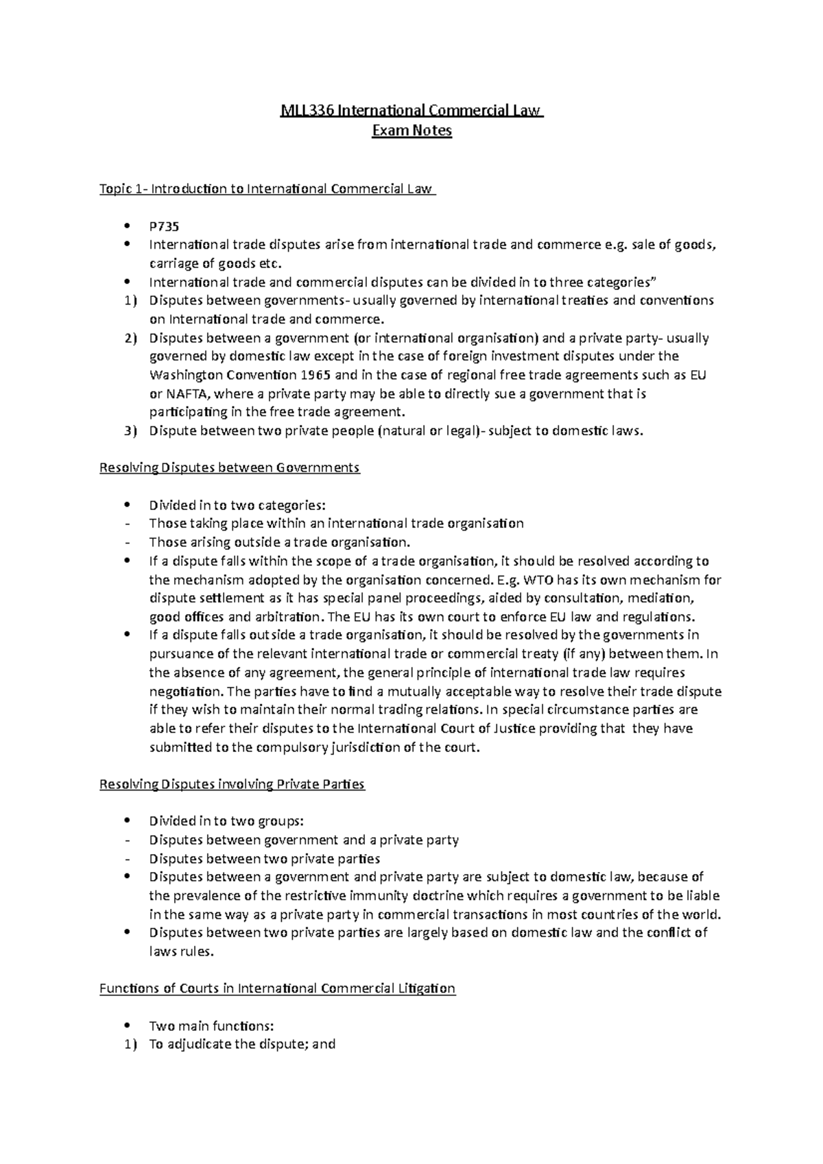MLL336 - International Commercial Law Final Exam Notes Summary - Studocu
