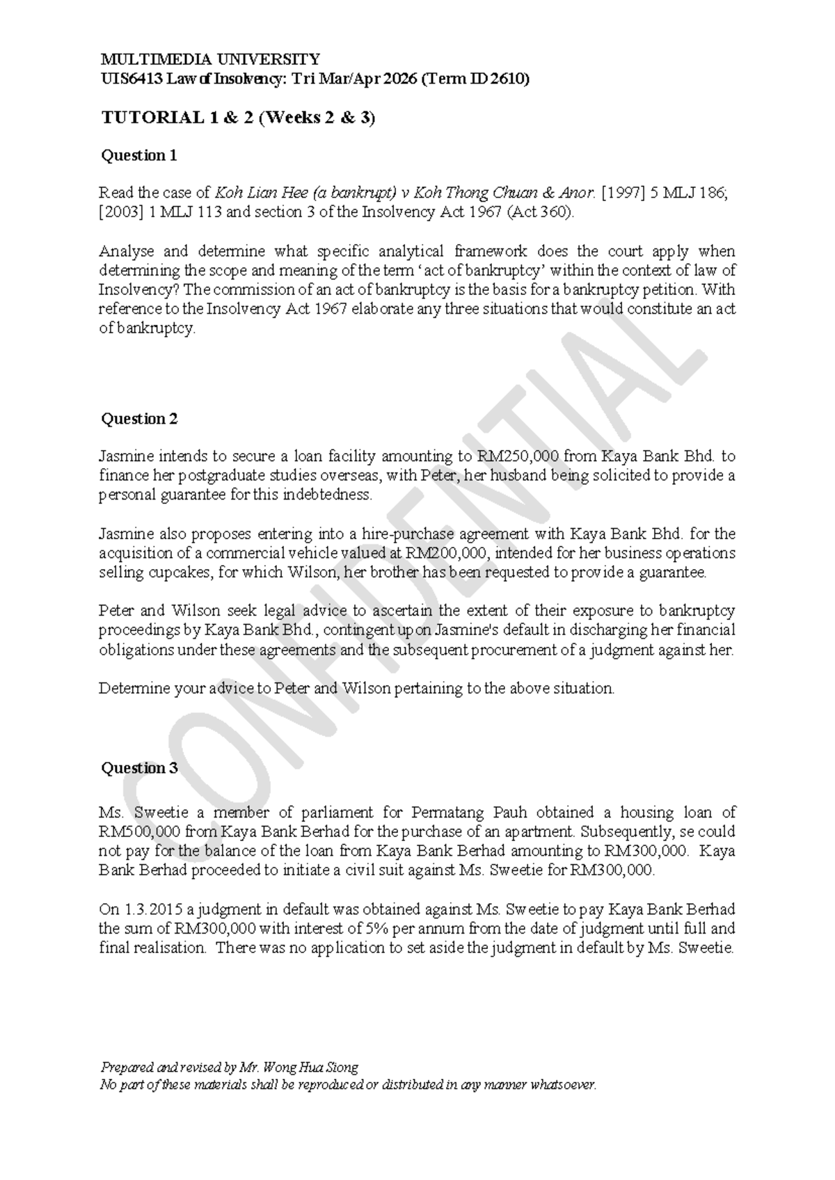 UIS6413 Law of Insolvency: Tutorial 1 & 2 Analysis (Tri 2026) - Studocu