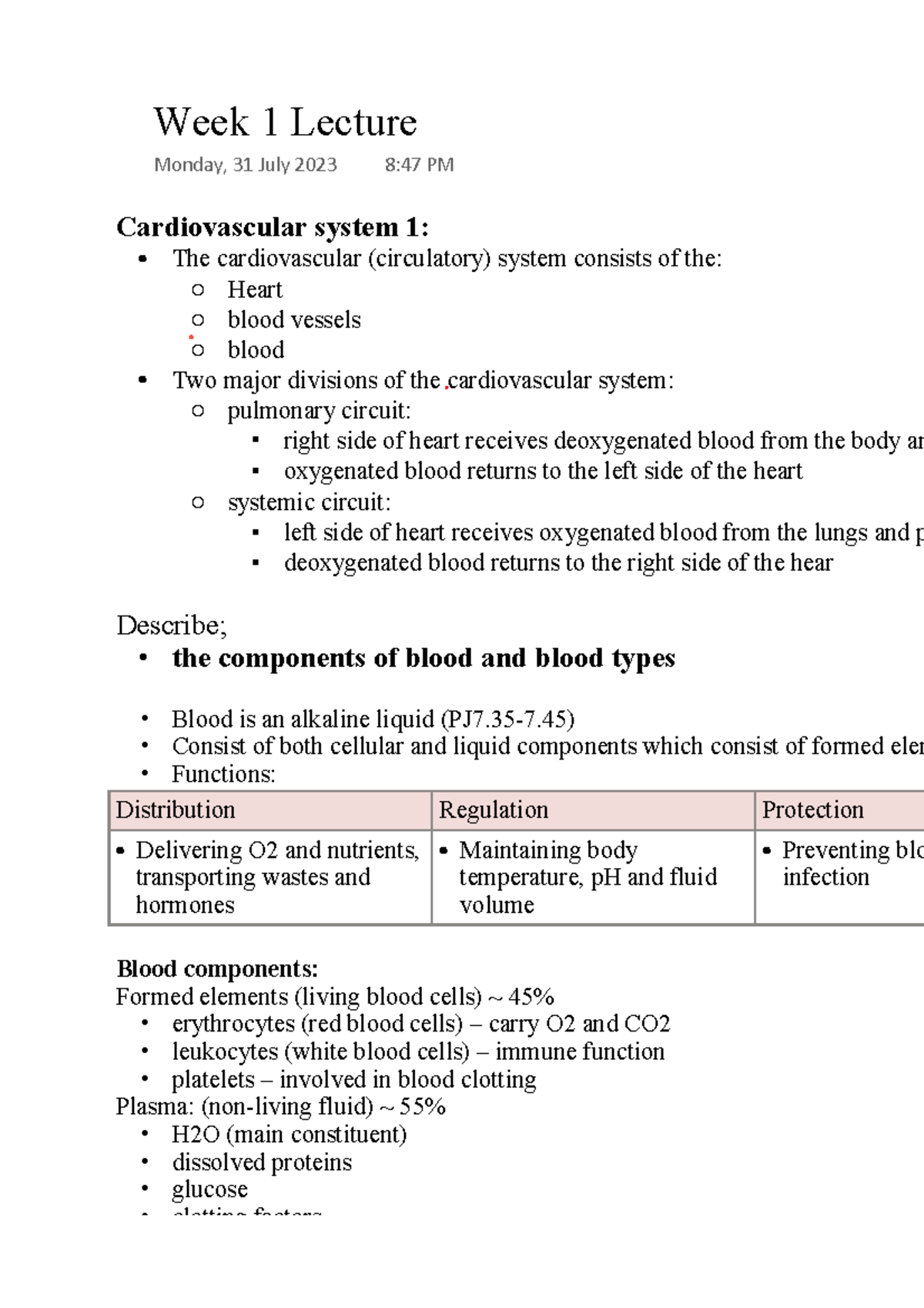 Week 1 Lecture: Cardiovascular System Overview (31 July 2023) - Studocu