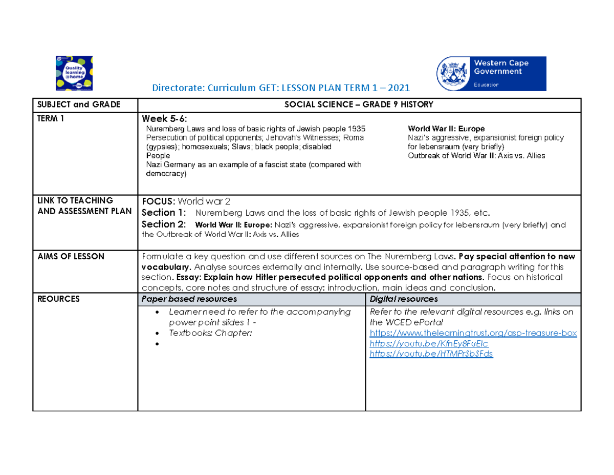 Lesson Plan SP Grade 9 SS History T1 W5-6: Nuremberg Laws & WWII ...