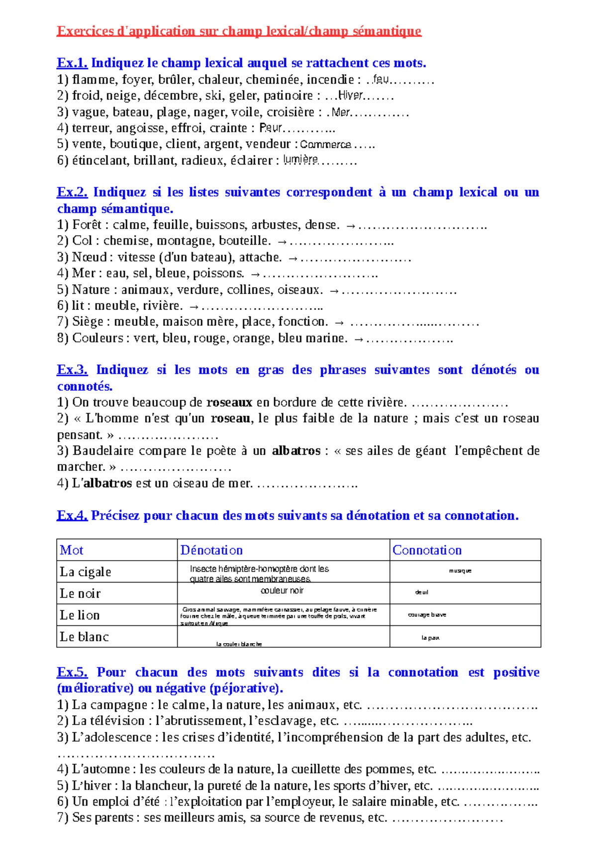 Exercices sur le Champ Lexical et Sémantique en 3ème - Studocu