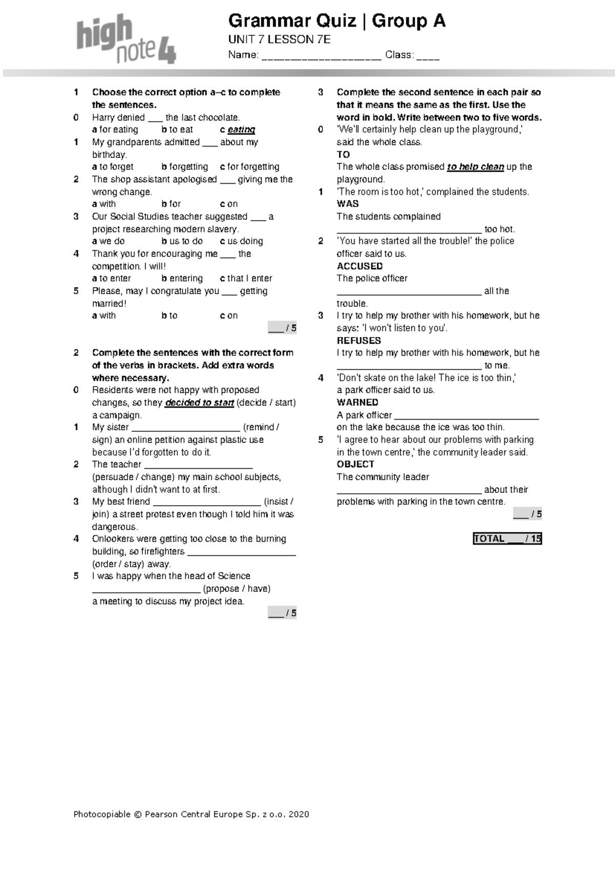 High Note 4 U7E Grammar Quiz Group A - Studocu