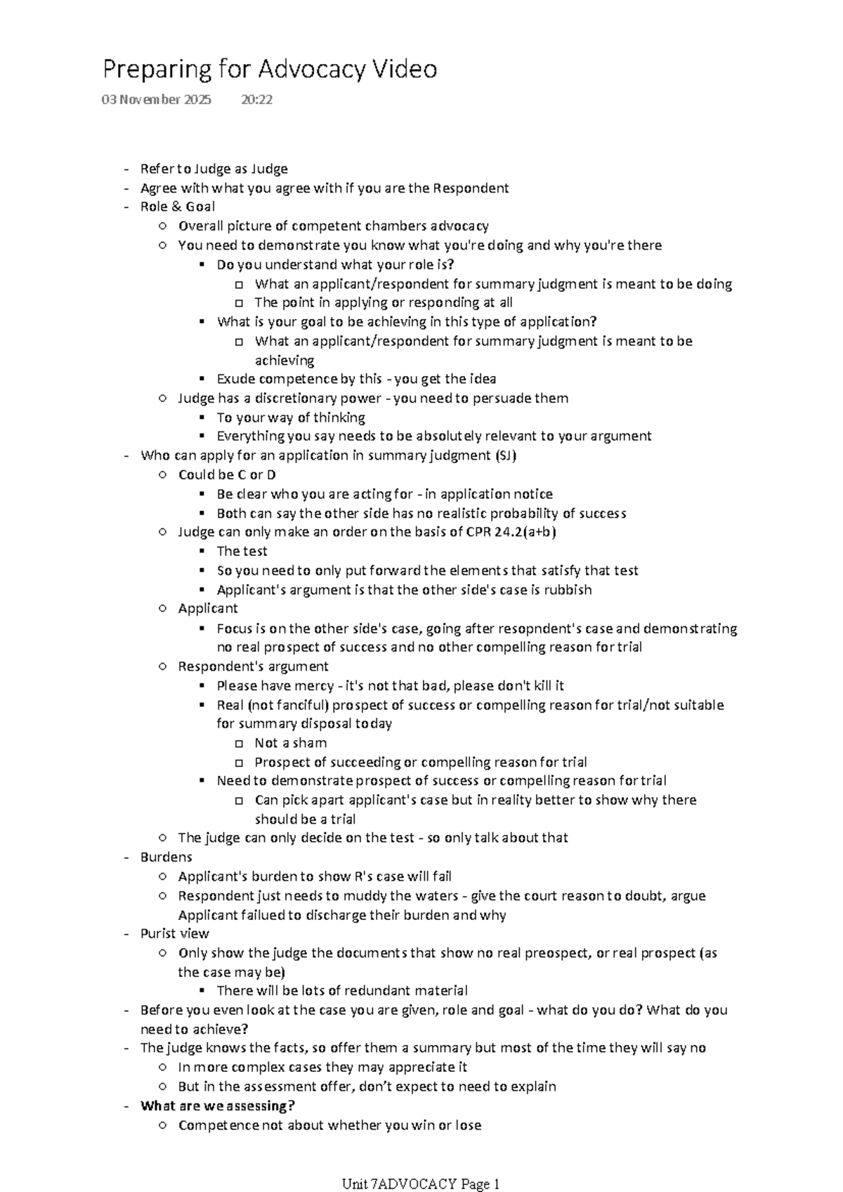 LPC Advocacy Notes: Preparing for Summary Judgment Applications - Studocu