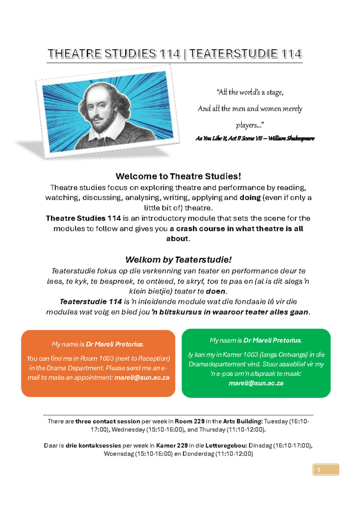 Theatre Studies 114: Course Framework and Module Overview - Studocu