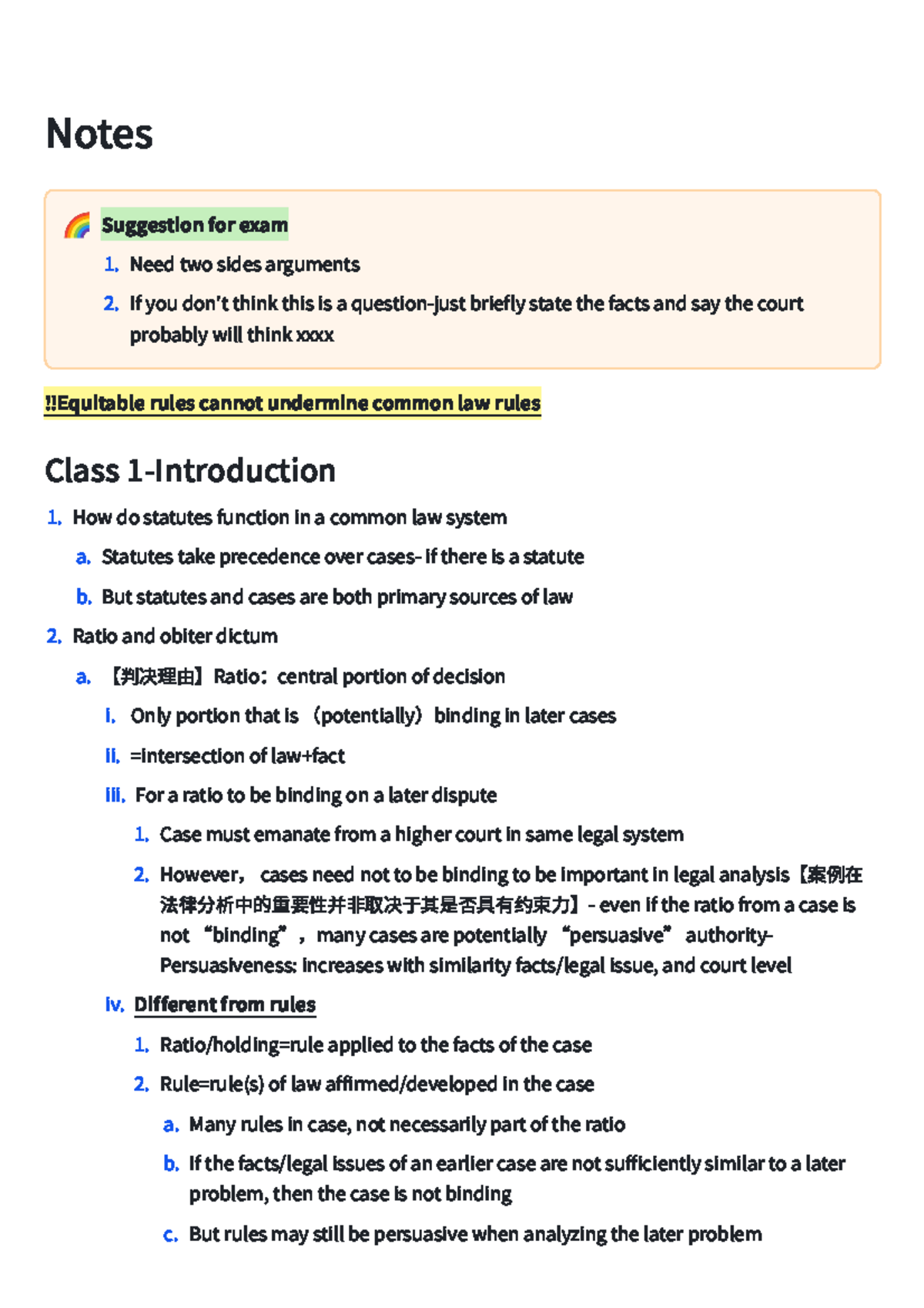 Class 1 Notes: Understanding Statutes and Common Law Principles - Studocu