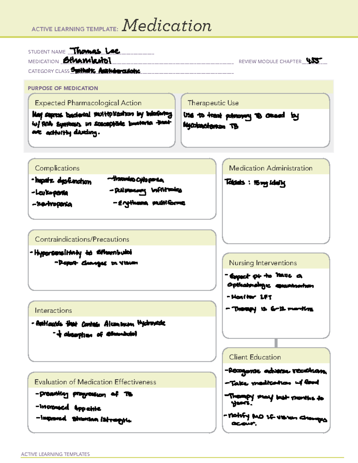 Ethambutol ATI Medication template homework ACTIVE LEARNING TEMPLATES