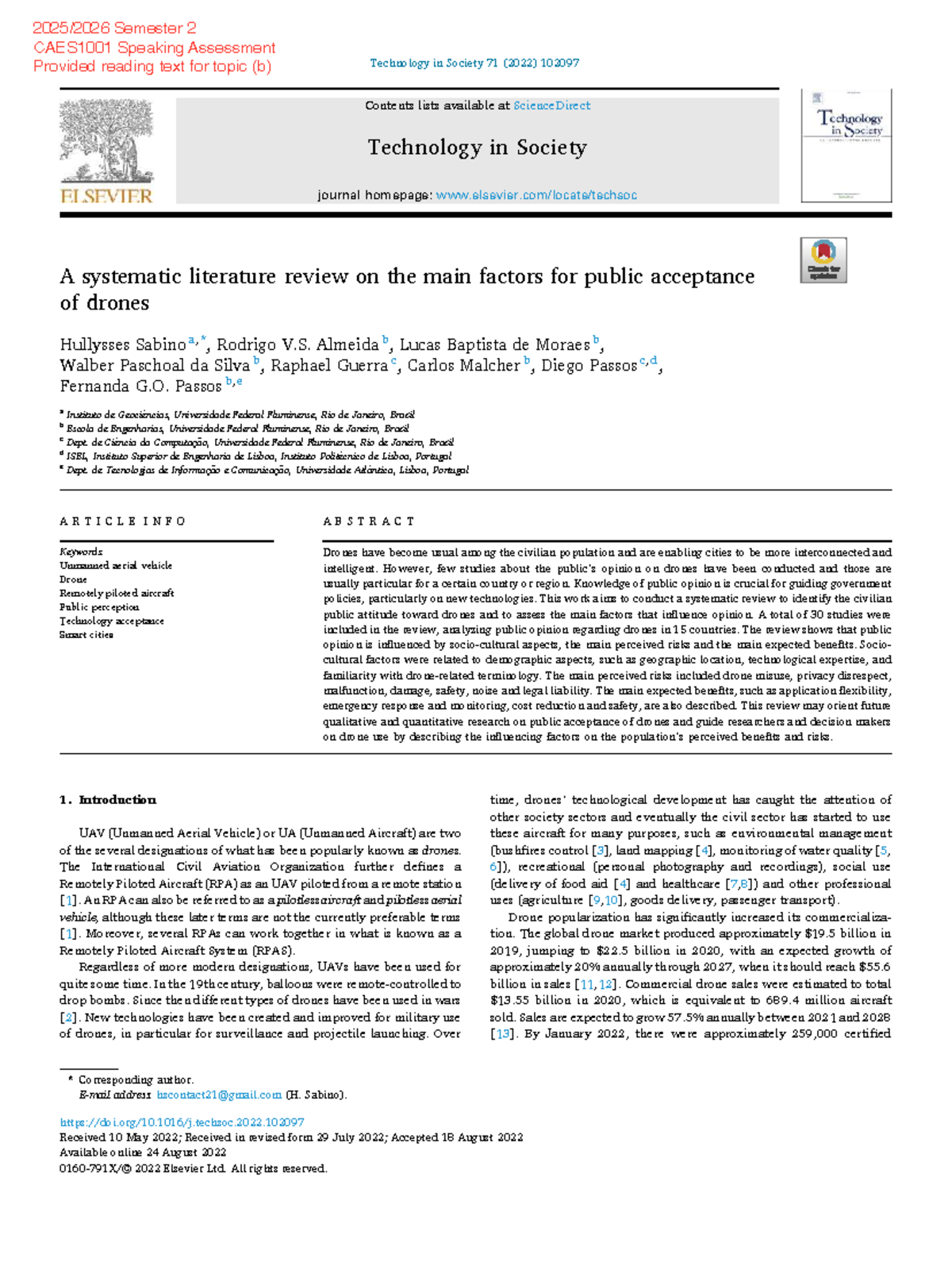 CAES1001 Semester 2: Public Acceptance of Drones - A Systematic Review ...