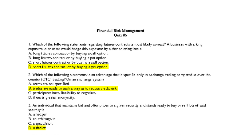 Financial Risk Management Quiz 1 Answers - Studocu