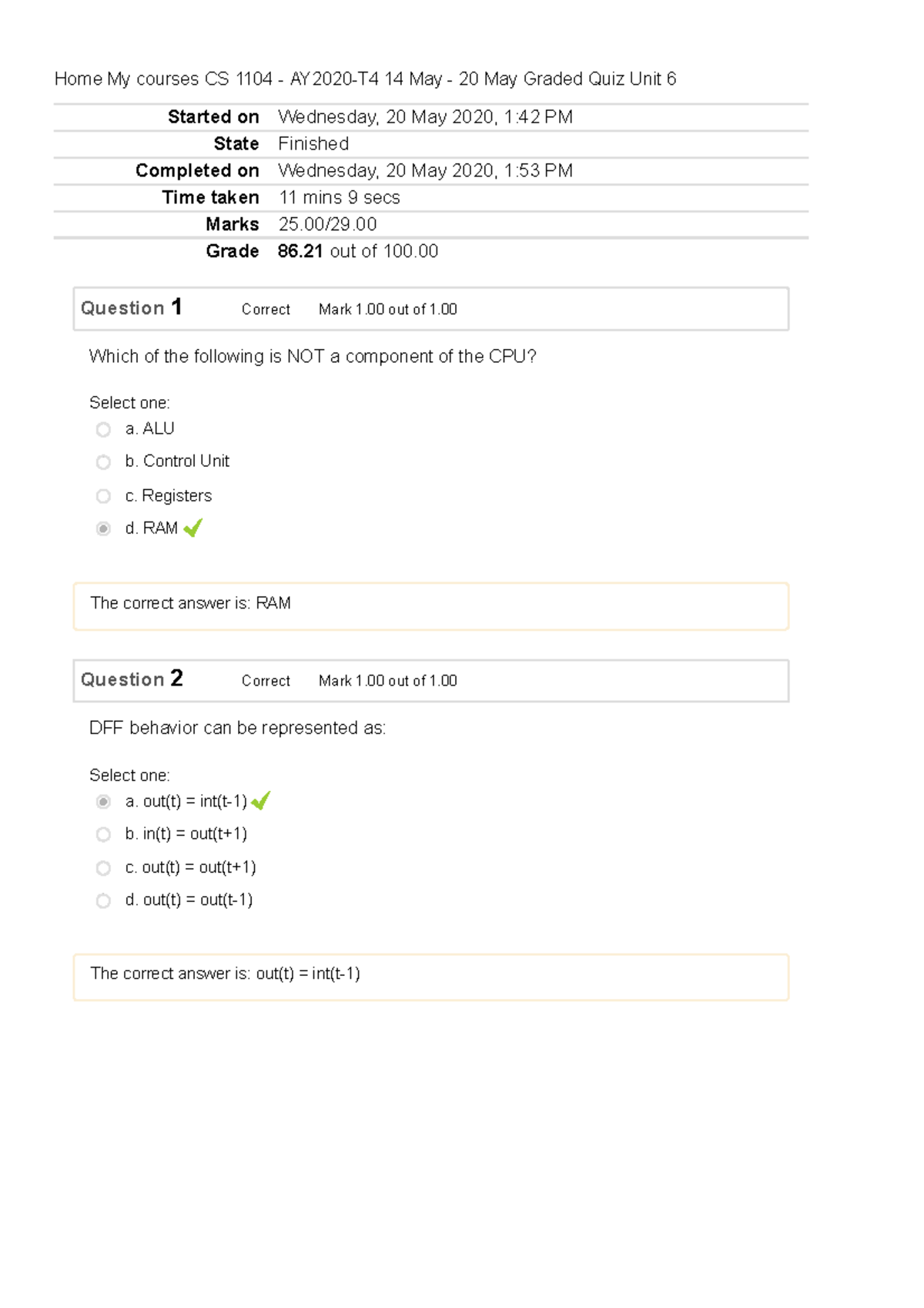 CS 1104 - AY2020-T4 Graded Quiz Unit 6 Attempt Analysis and Review ...