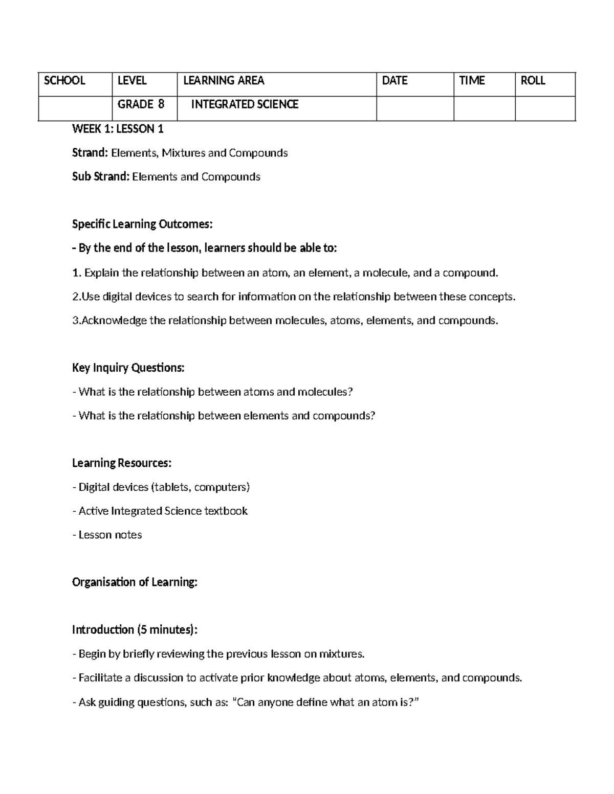 Grade 8 Integrated Science Lesson Plans - Term 1 Overview - Studocu