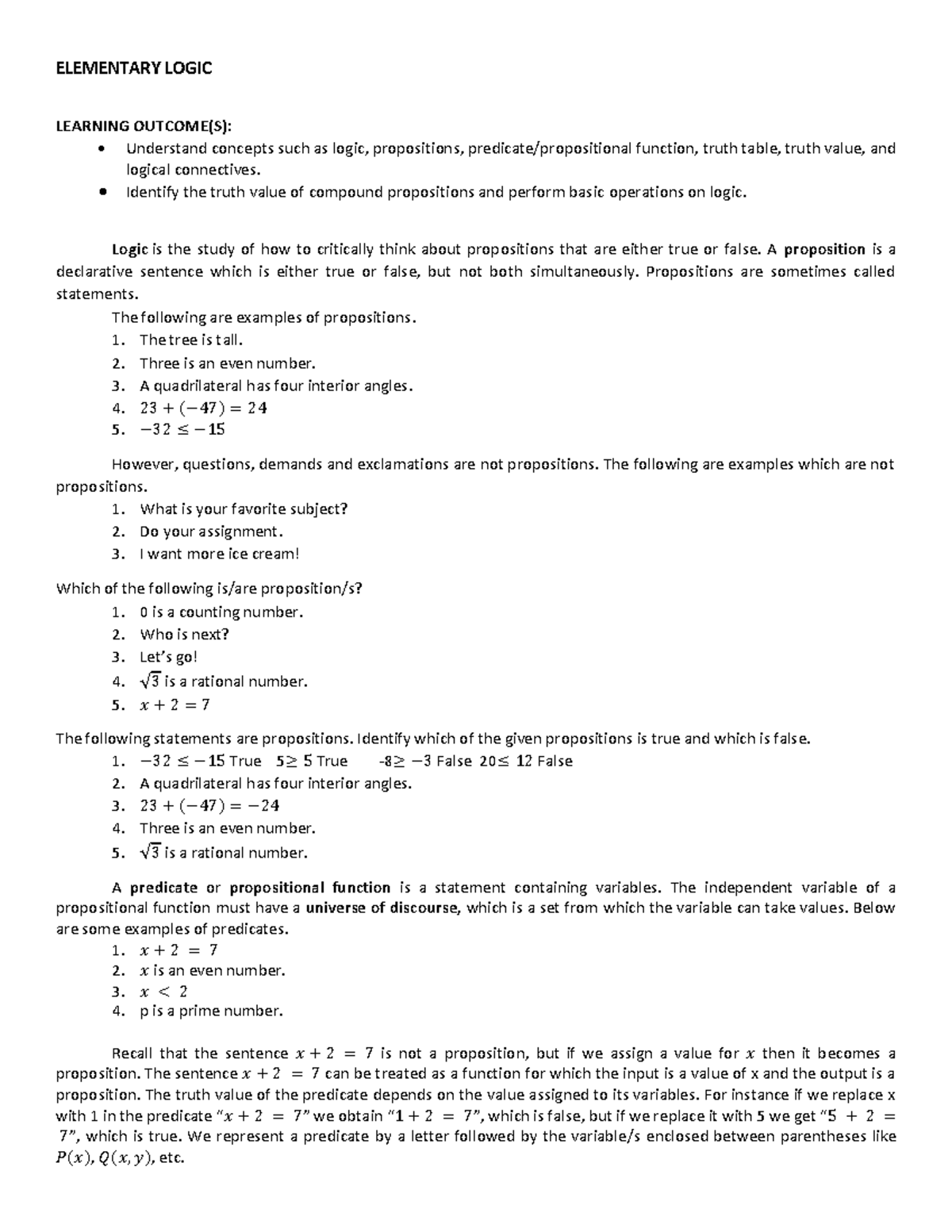Elementary Logic Course Notes: Concepts, Propositions, and Truth Values ...