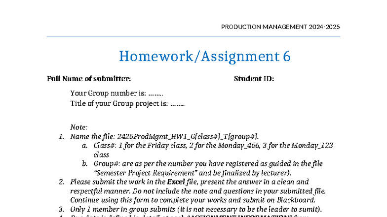 PRODUCTION MANAGEMENT 2425 HW6 - Practical for Chapter 6 - Studocu