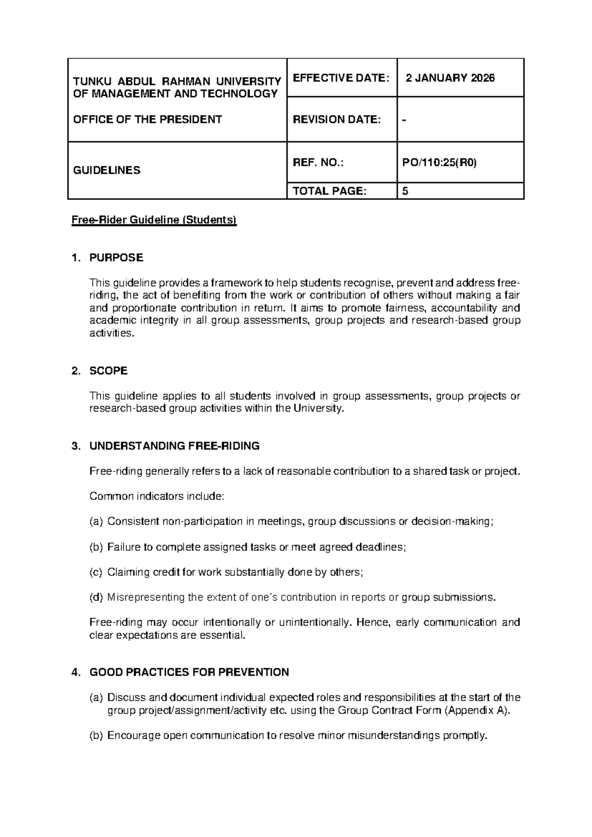 Guidelines for Fair Group Work: Addressing Freeriding in 1BCA0259 - Studocu