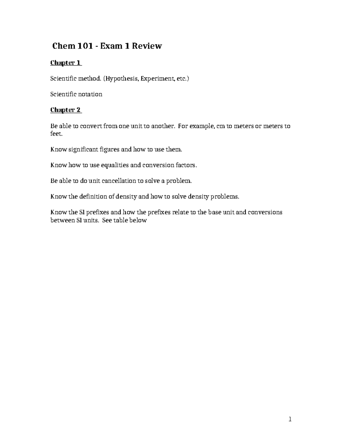 Chem 101 - Exam 1 Review: Scientific Method & Matter Concepts - Studocu