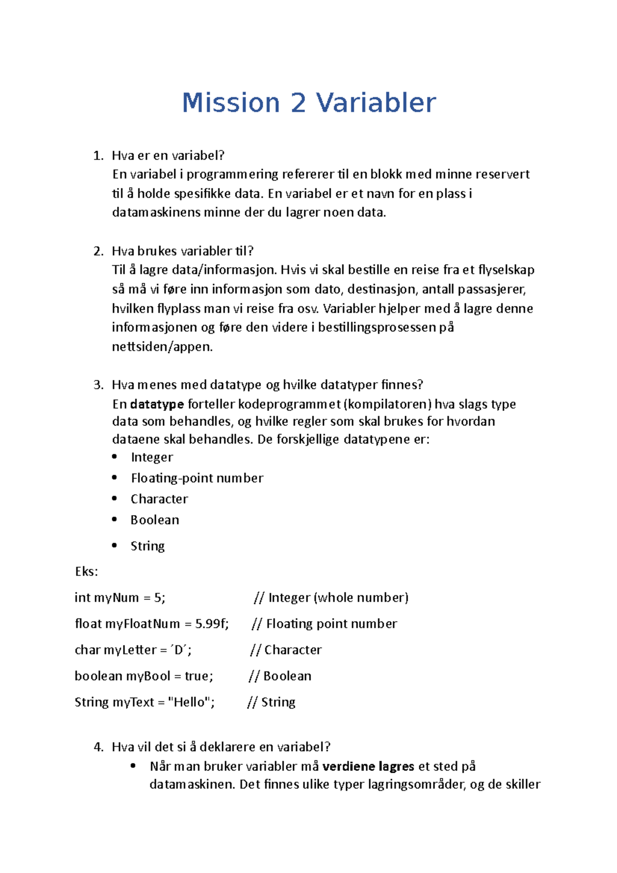Variabler og Datatyper i Programmering - Teori for 101-001 - Studocu