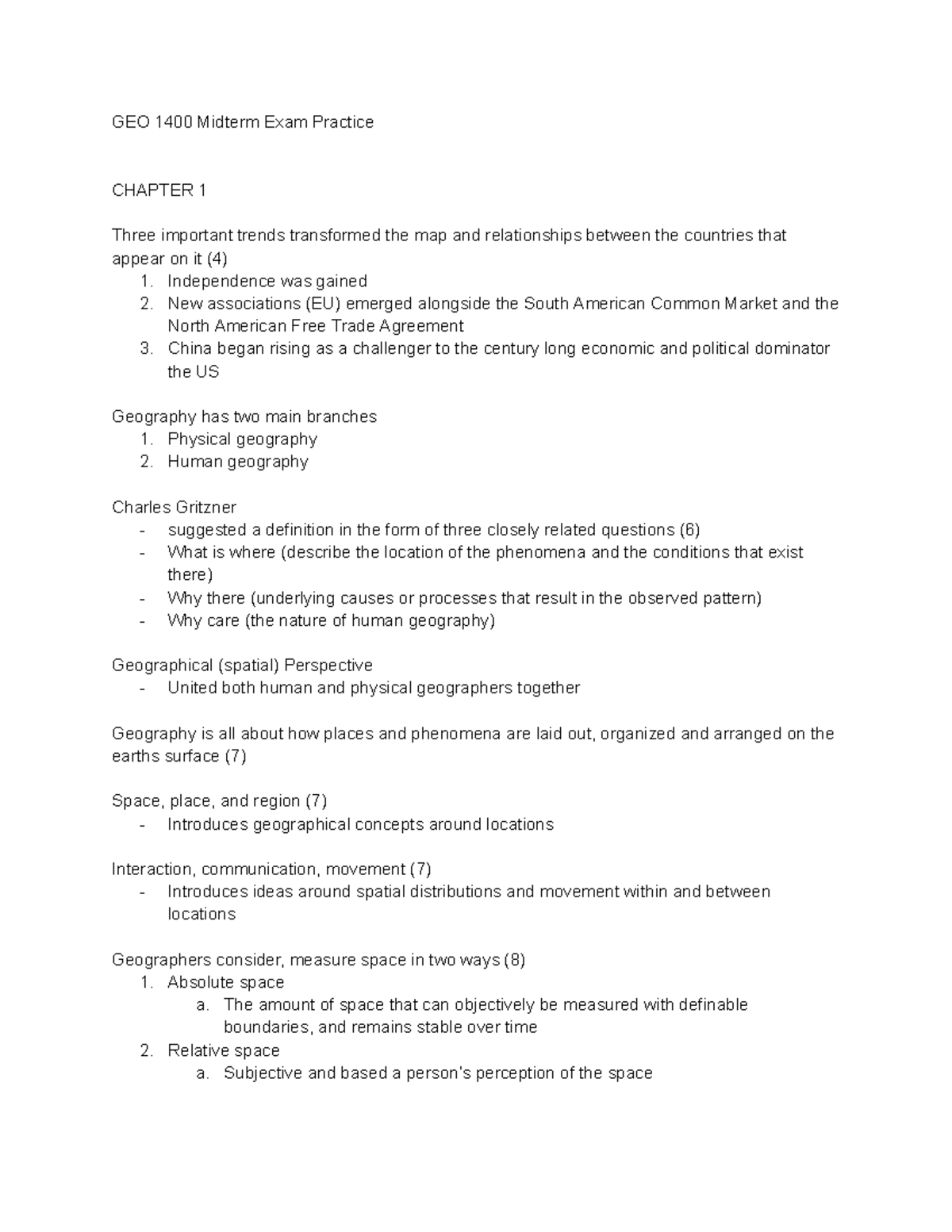 GEO 1400 Midterm Exam Review: Key Concepts and Trends in Geography ...