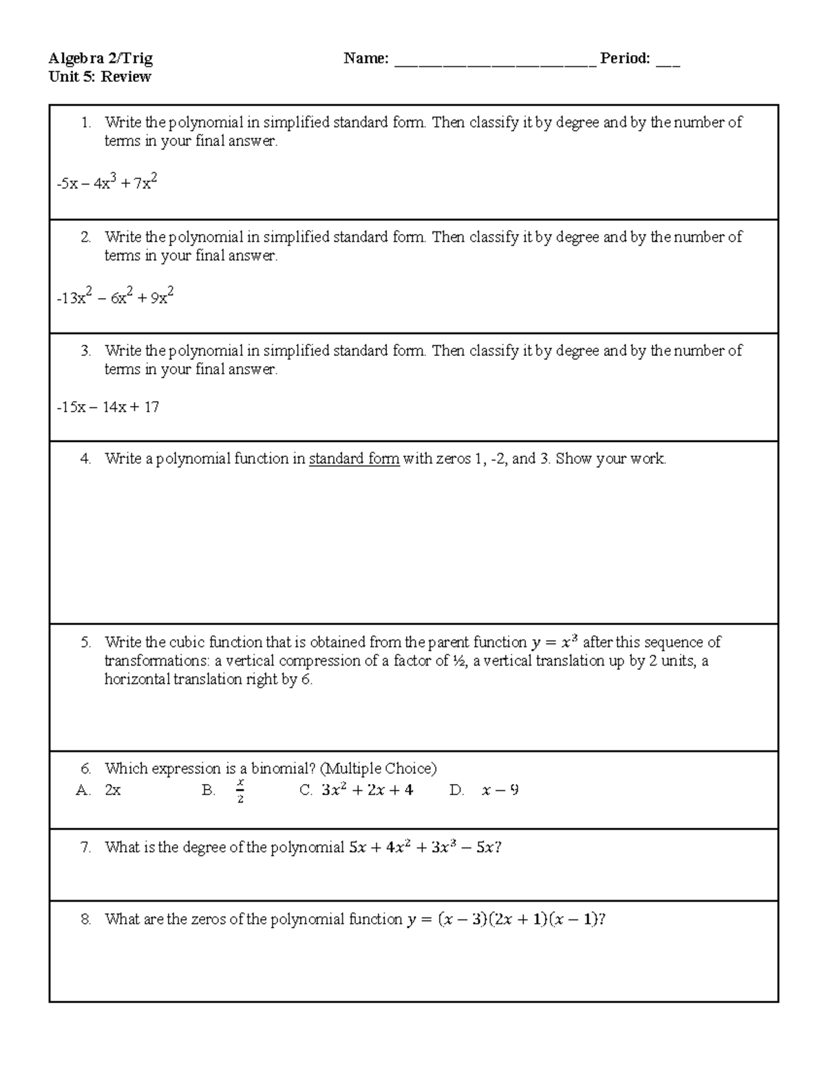 Algebra 2 Unit 5: Review of Polynomials and Functions - Studocu