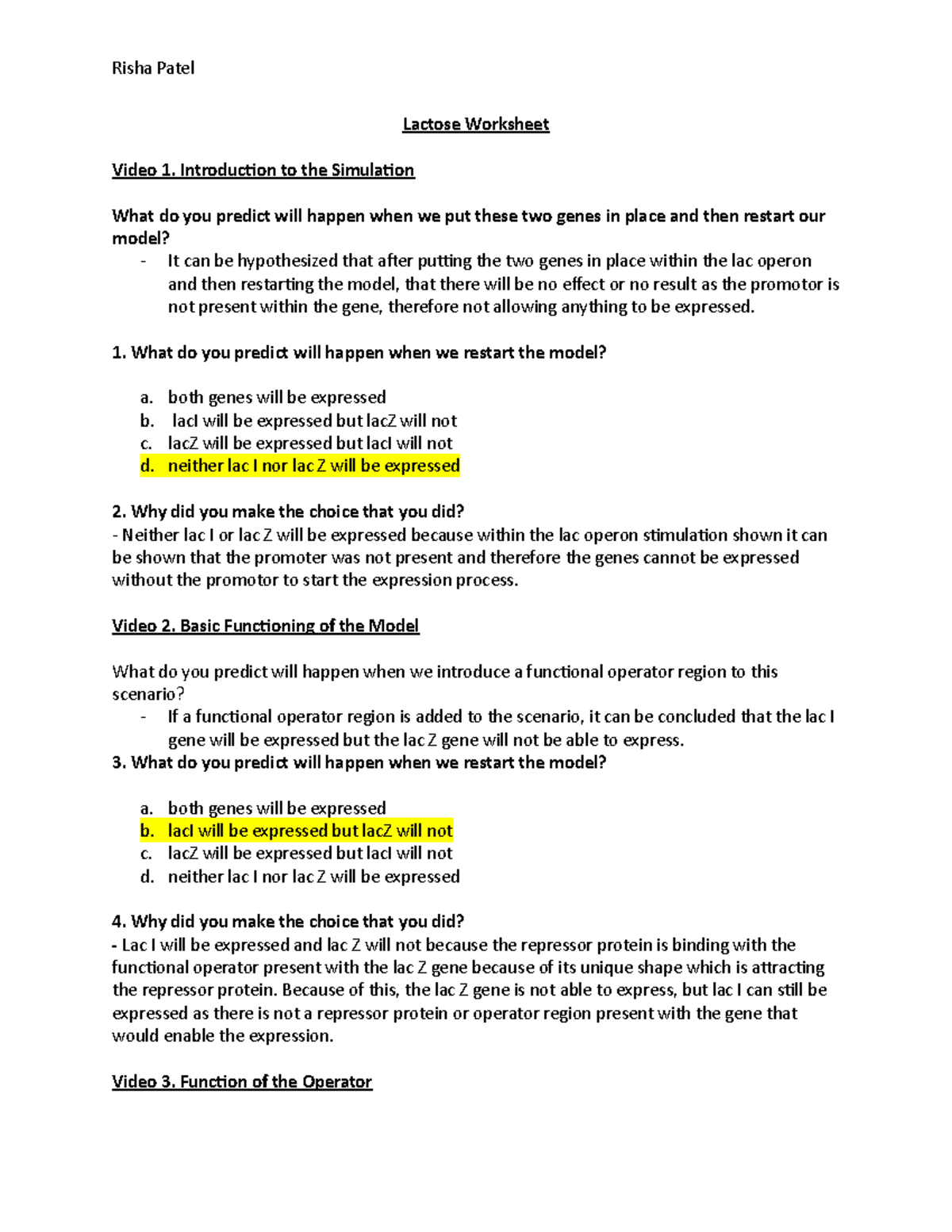 Lac Operon Analysis Worksheet - Genetics 101 - Studocu