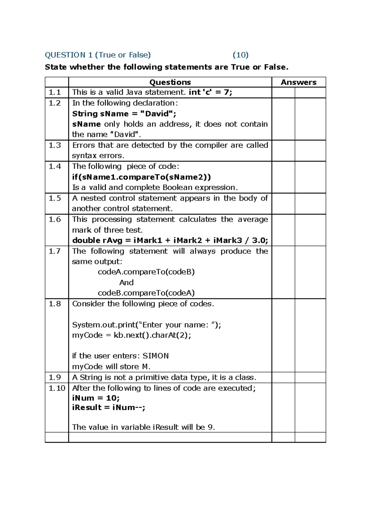 ST3 - Semester Test 3: True/False & Short Answer Java Questions - Studocu