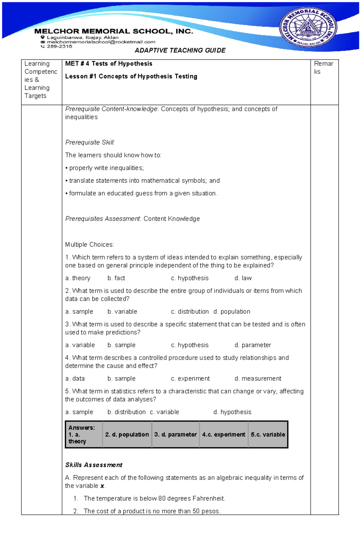 ATG-STAT&PROB-MET 4 - Adaptive Teaching Guide for Hypothesis Testing ...