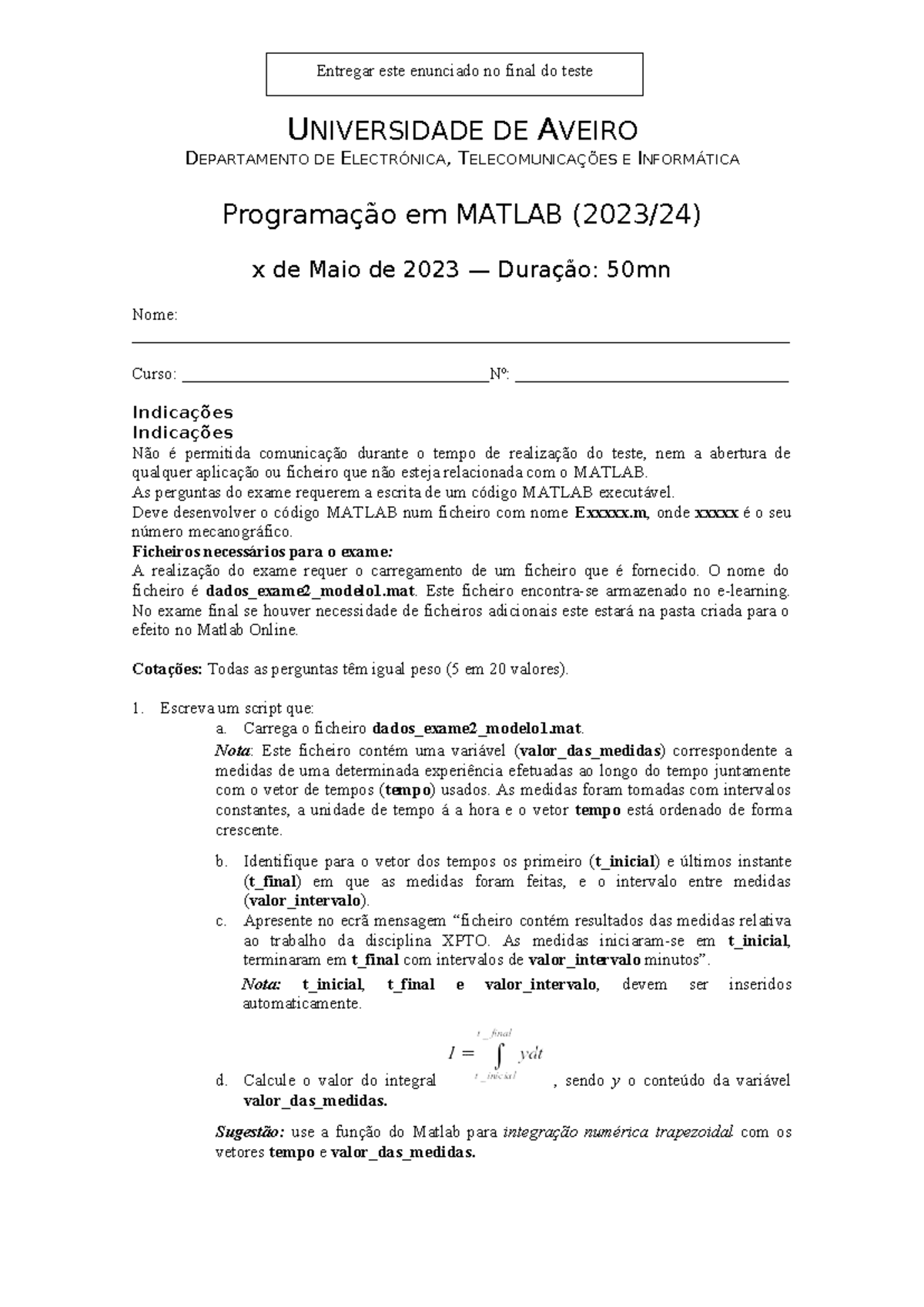 Teste Final de Programação em MATLAB - 23/24 Modelo 1 - Studocu